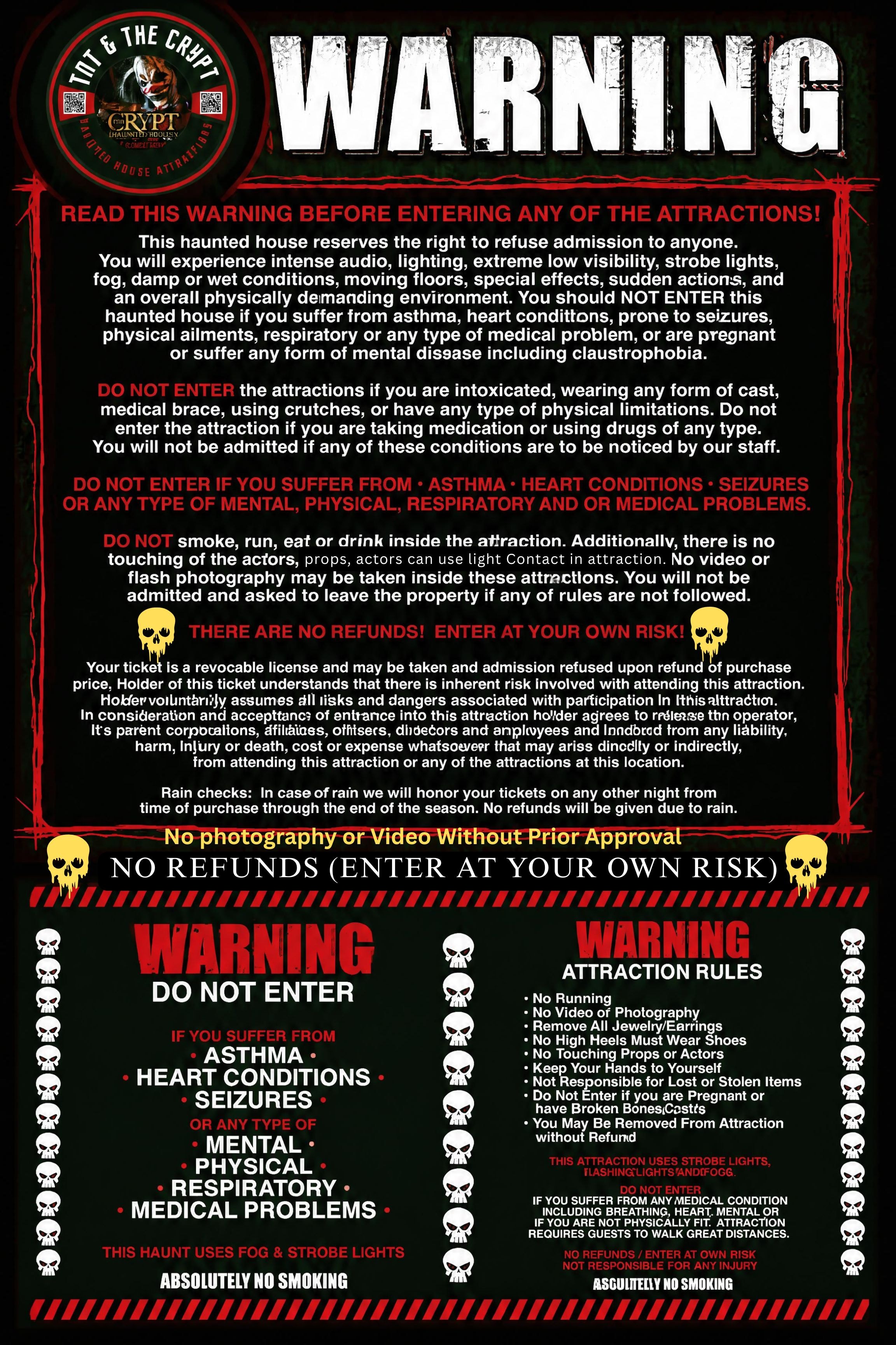 Terror in Tolleson warning and attraction rules poster — lists medical conditions, prohibited items, no refunds policy, and attraction rules