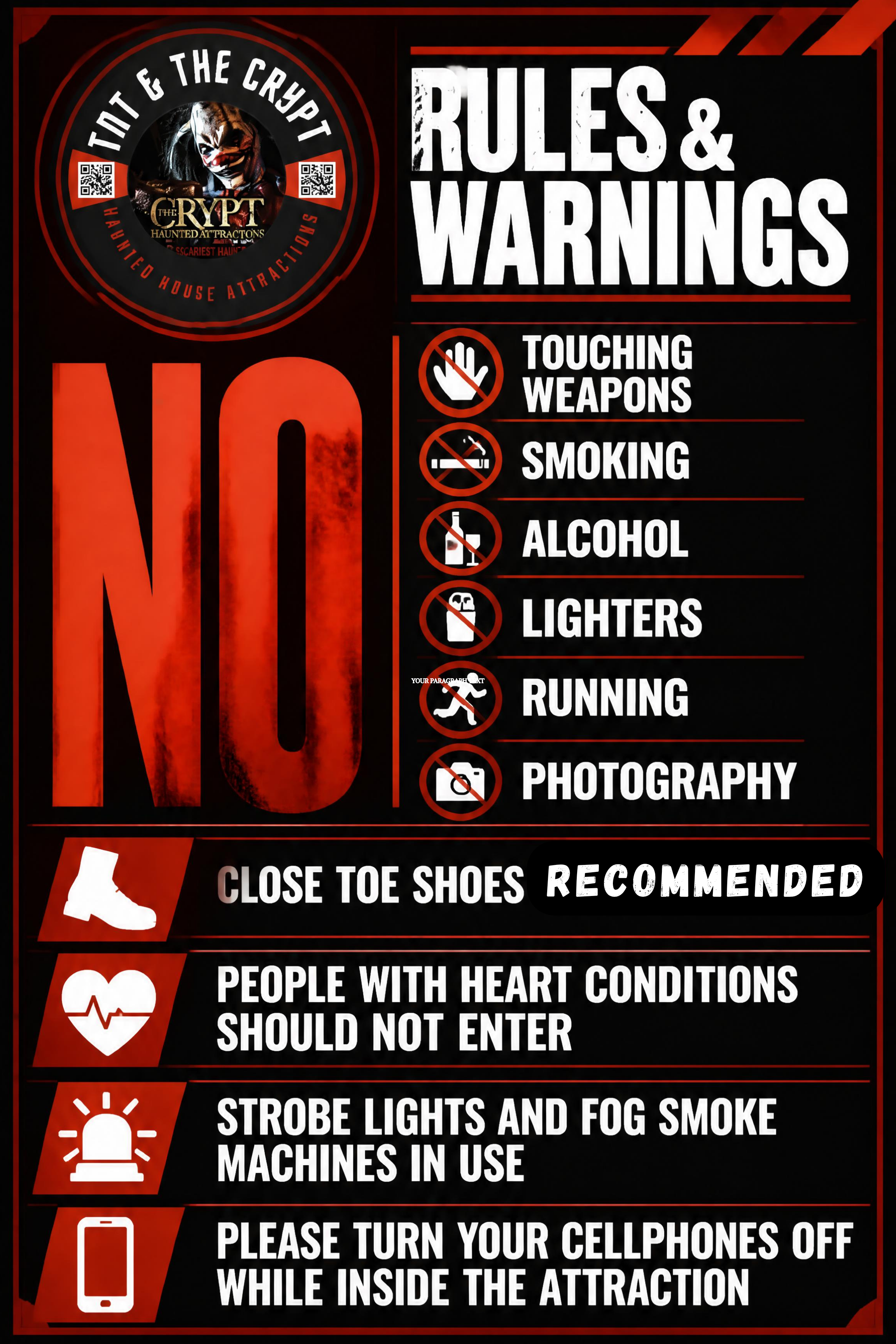 TNT and The Crypt rules and warnings sign — no touching weapons, smoking, alcohol, lighters, running, or photography; close toe shoes recommended; strobe lights and fog machines in use